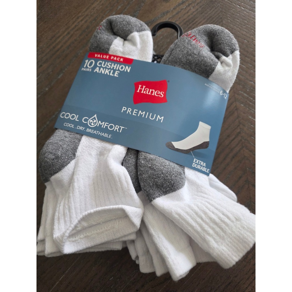 Hanes Premium Mens Cool Comfort Ankle Socks 10 Pair White Grey Size 6-12 Cushion